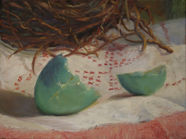 oil painting robin egg and nest still life
