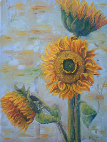 Oil painting of sunflowers with autumn leaves