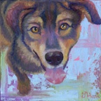 A colorful oil painting of a happy dog at a local animal shelter