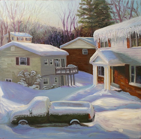 oil painting of snowpocalypse of 2010, snow, winter painting, suburban painting