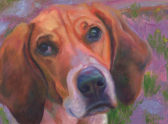 oil painting of hound and blind dog