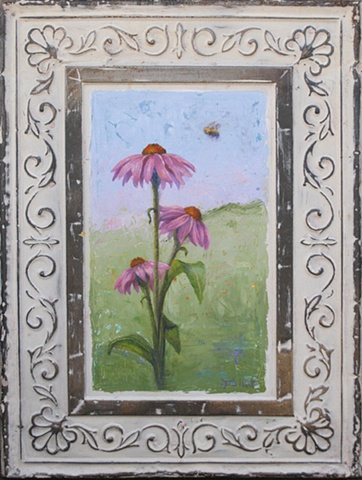 coneflowers, oil painting, bee,