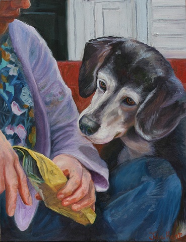 painting of beagle mix looking at treats 