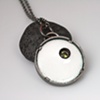 White Enameled Copper,Silver and Peridot Pendant on Chain