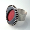 Steel Gray & Flame Red Enameled Copper and Silver Cocktail Ring