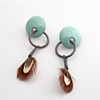Enameled Button Earrings With Natural Feathers