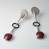 Red  Enameled Cabochon, Forged Sterling Swinging Earrings