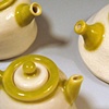 Three Green and White Teapots