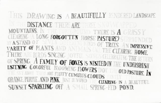 text pencil drawing "Landscape II (less pessimistic)" by artist Joe Hardesty
