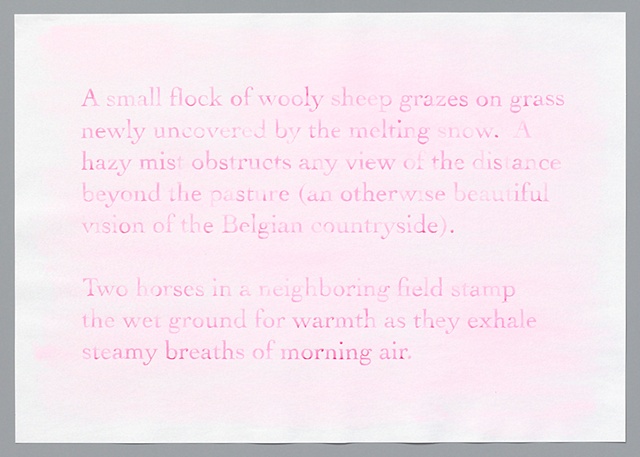 text watercolor drawing "Belgian Countryside II (fuchsia version)" by artist Joe Hardesty