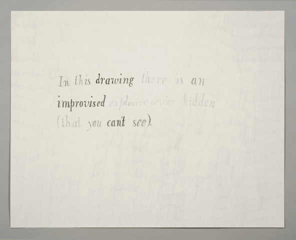 text pencil drawing "Explosive Device" by artist Joe Hardesty