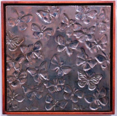 SOLD Butterflies - silver glaze 12"sq