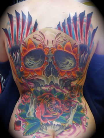 Sugar Skull, Roses and Wings Backpiece