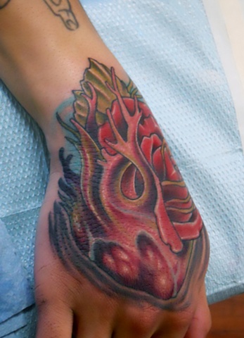 Heart-Rose Morph Hand Tattoo