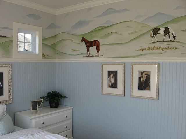 horse landscape above wainscoating paint by the design deli