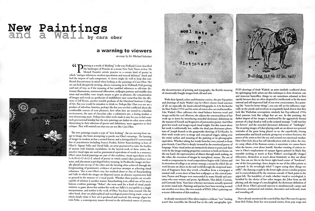 "New Paintings and a Wall by Cara Ober: A Warning to Viewers" Exhibition Essay by Dr. Michael Salcman