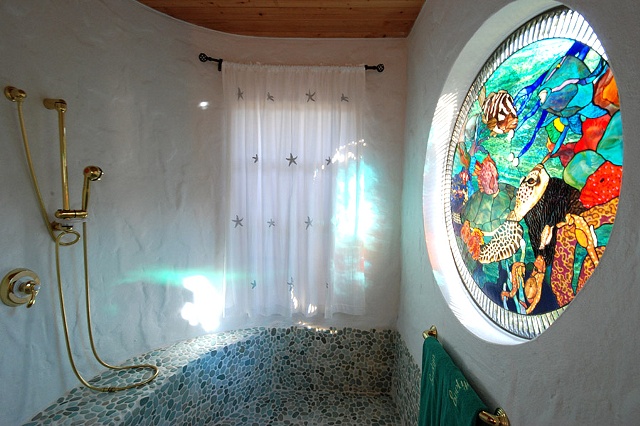 Artisan shower with custom stained glass, FL