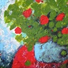 red flowers blue pot