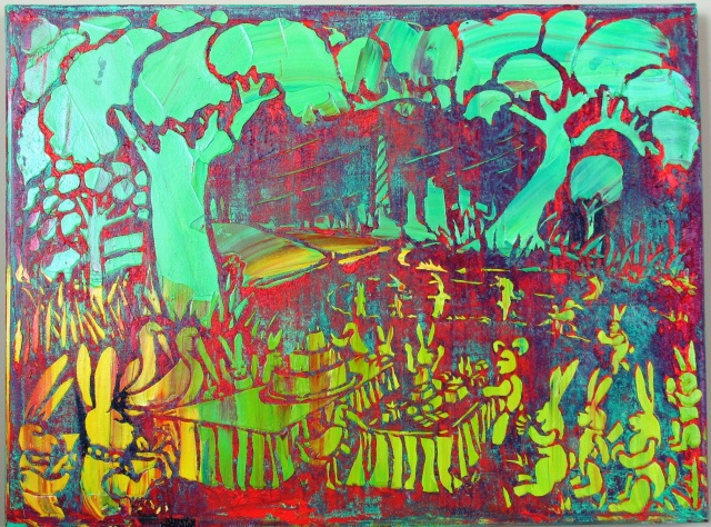 SOLD - The Rabbits Birthday with View of City