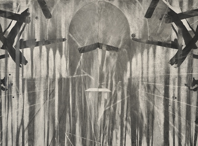 Drawing of a dilapidated forest chapel by artist Owen Rundquist