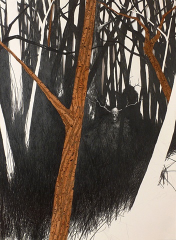 Drawing of a forest ritual by artist Owen Rundquist