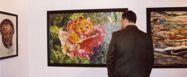 Photo collages by John Schuh featuring flowers, heads, water as displayed at Artemis Gallery, Seattle.