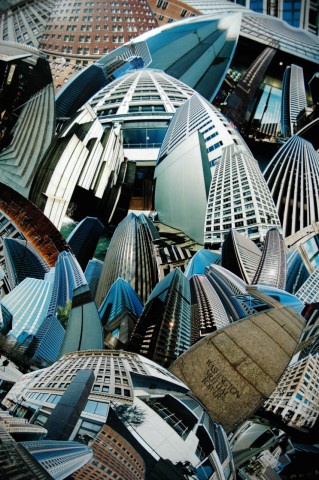 Photo collage by John Schuh featuring wide-angle photographs of Seattle architecture.