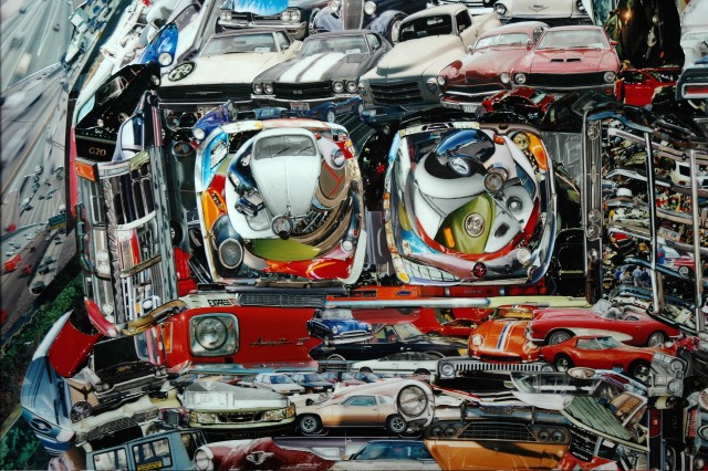 Photo collage by John Schuh featuring VW bug, headlight, cars, automobiles.