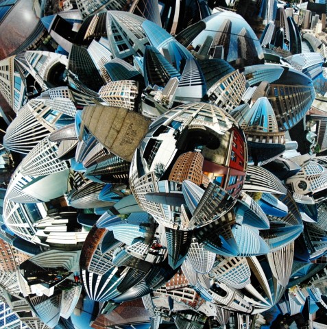 Photo collage by John Schuh featuring wide-angle photographs of Seattle architecture.