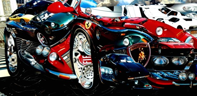 Photo collage by John Schuh featuring Italian cars, Lamborghini, Ferrari, Fiat, Alfa Romeo and Seattle architecture.