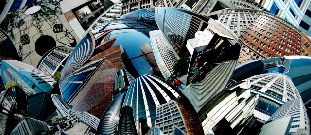Photo collage by John Schuh featuring wide-angle photographs of Seattle architecture.