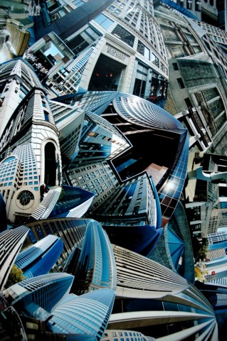 Photo collage by John Schuh featuring wide-angle photographs of Seattle architecture.