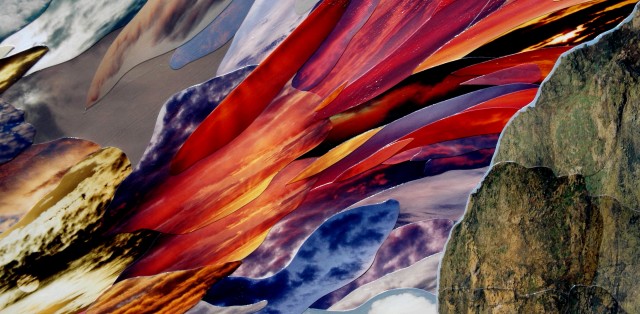 Photo collage by John Schuh featuring Cannon Beach, Haystack Rock, sky, sand, clouds, water and sunset.