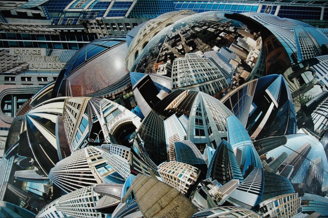 Photo collage by John Schuh featuring wide-angle photographs of Seattle architecture.