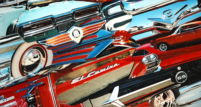 Photo collage by John Schuh featuring automobiles, cars, Ford Mustang horse.