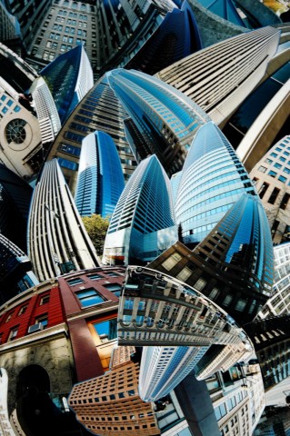 Photo collage by John Schuh featuring wide-angle photographs of Seattle architecture.