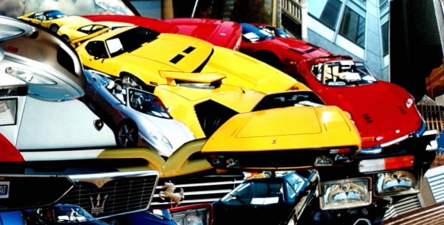 Photo collage by John Schuh featuring Italian cars, Lamborghini, Ferrari, Fiat, Alfa Romeo and Seattle architecture.