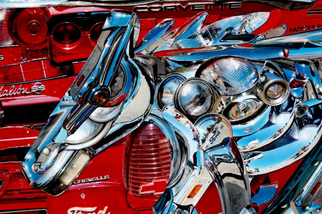 Photo collage by John Schuh featuring automobiles, cars, Ford Mustang horse.