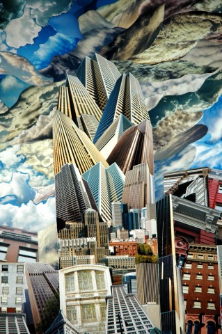 Photo collage by John Schuh featuring Italian cars, Lamborghini, Ferrari, Fiat, Alfa Romeo and Seattle architecture.