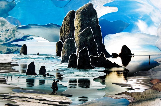 Photo collage by John Schuh featuring Cannon Beach, Haystack Rock, sky, sand, clouds, water and sunset.