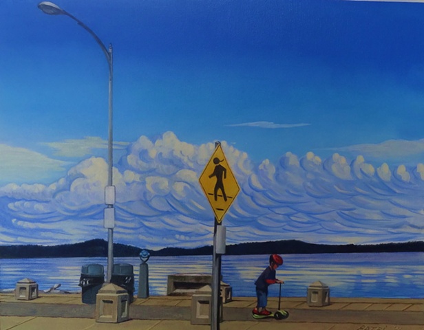 a boy and his scooter on Alki beach  painting by Patri O'Connor