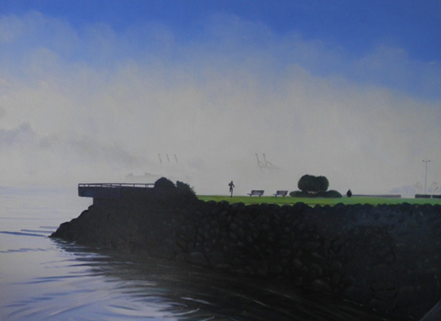 A jogger with shipping cranes in background Elliot bay view from Harbor dr. painting by Patri O'Connor