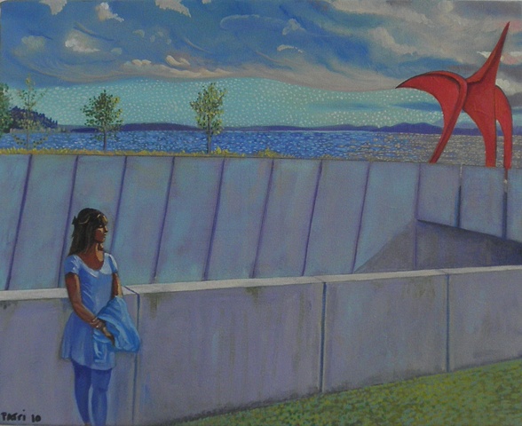waiting for him to find parking (Olympic Sculpture Park)salsa night for the Seattle Parks dance series, painting by Patri O'Connor