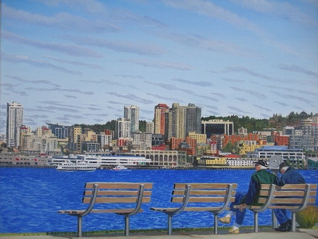 Old friends on a bench overlooking Seattle and Elliot Bay by Patri O'Connor
