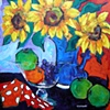 Sunflowers and fruit bowl