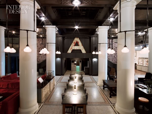 Ace Hotel 
Blown glass covers for chandeliers surrounding columns in lobby 
Roman and Williams, Argosy Designs, and GFI Capitol 
Resources.
