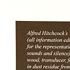 title:
Alfred Hitchock's "The Birds" (all information edited out except for the representation of bird sounds and silence), resonating wood, transducer, feather coated in dust residue from drilled pedestal, monocular, audio cable and acrylic              