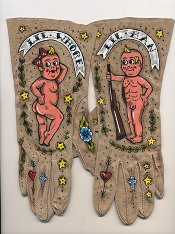 Kewpie doll tattoo theme painted on vintage women's gloves with flowers