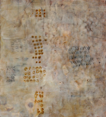 Marked Time
18 x 16 inches
Encaustic, oil bar, various papers on panel