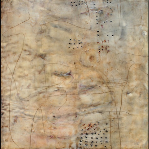 Under My Skin III
Encaustic, handmade papers and oil bar on panel, 16 x 16 inches